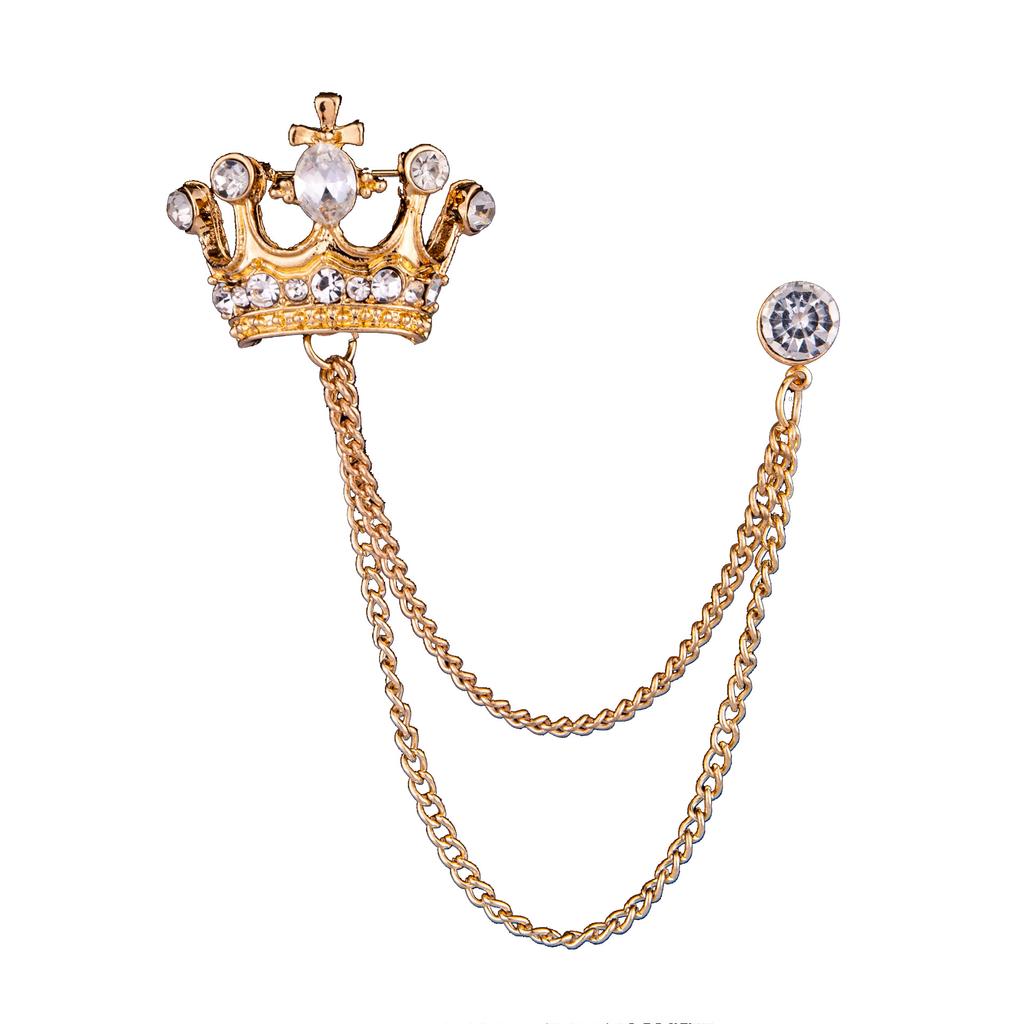 JY Fashion Brooch Vintage Crystal Crown Chain Pin for Men Jewelry Suits Accessories Lapel Badge Brooch