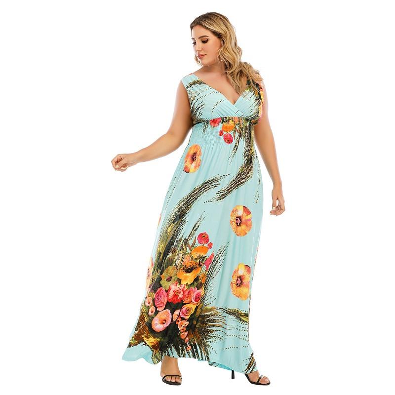 Letní dámské šaty nadměrných velikostí Dlouhé šaty s bohémským potiskem
