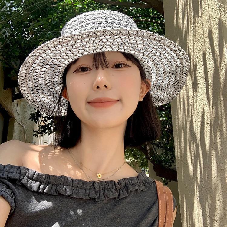 French small fragrant style elegant flat top top hat women's summer hollow breathable flat brim sun protection seaside straw hat tide