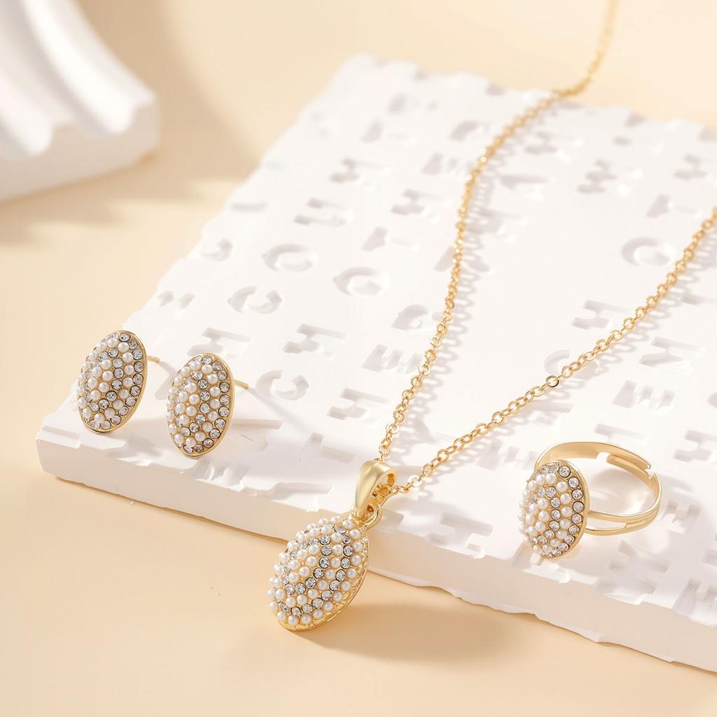New Water Drop Pearl Inlaid with Diamonds Jewelry Set for Women, Gold Bracelet, Ring, Necklace, Earrings Four-Piece Set