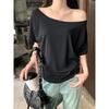 2026 Summer Plus Size Women's One-Shoulder T-Shirt - Slimming, Tummy Concealing, Pure Cotton, Versatile Casual Top