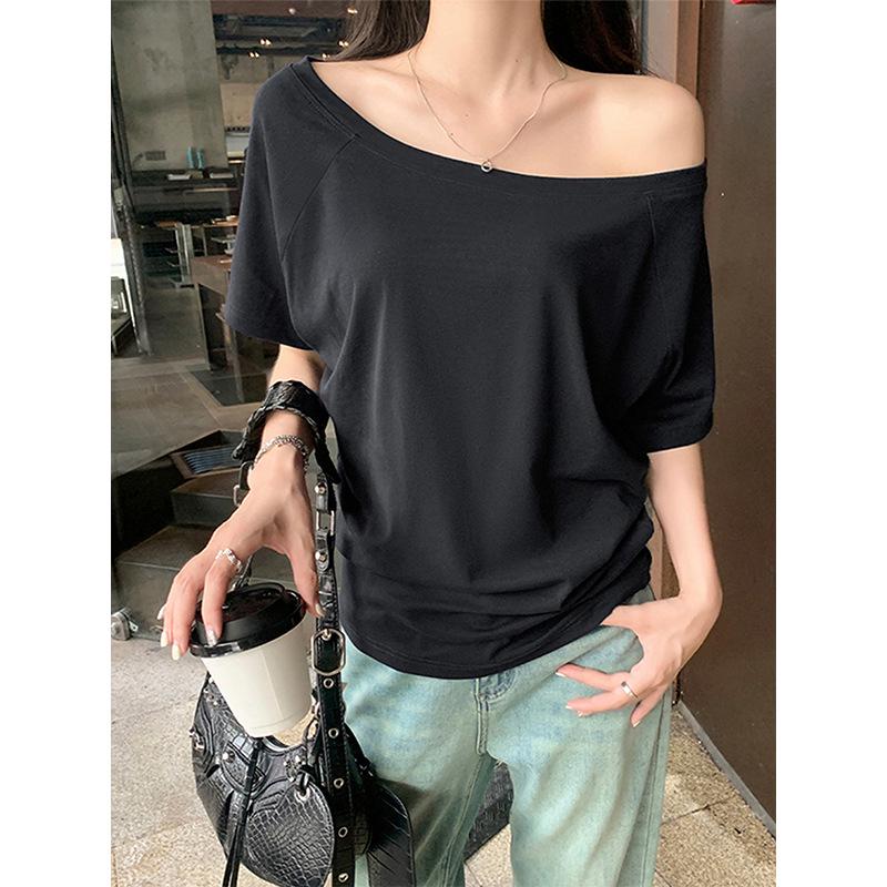 2026 Summer Plus Size Women's One-Shoulder T-Shirt - Slimming, Tummy Concealing, Pure Cotton, Versatile Casual Top