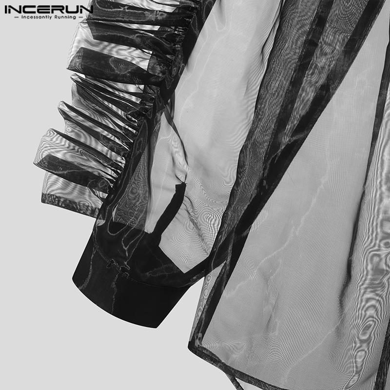 INCERUN Mesh Black Men See Through Long Sleeves Party Shirts