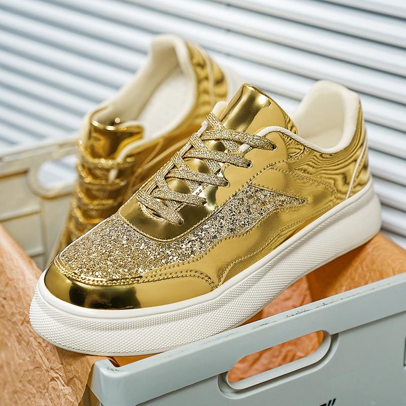 Men Sparkling Shoes Couple Lightweight  Black Gold Women’s Low Thick Sole Platform Sneakers for School Student Plus Size