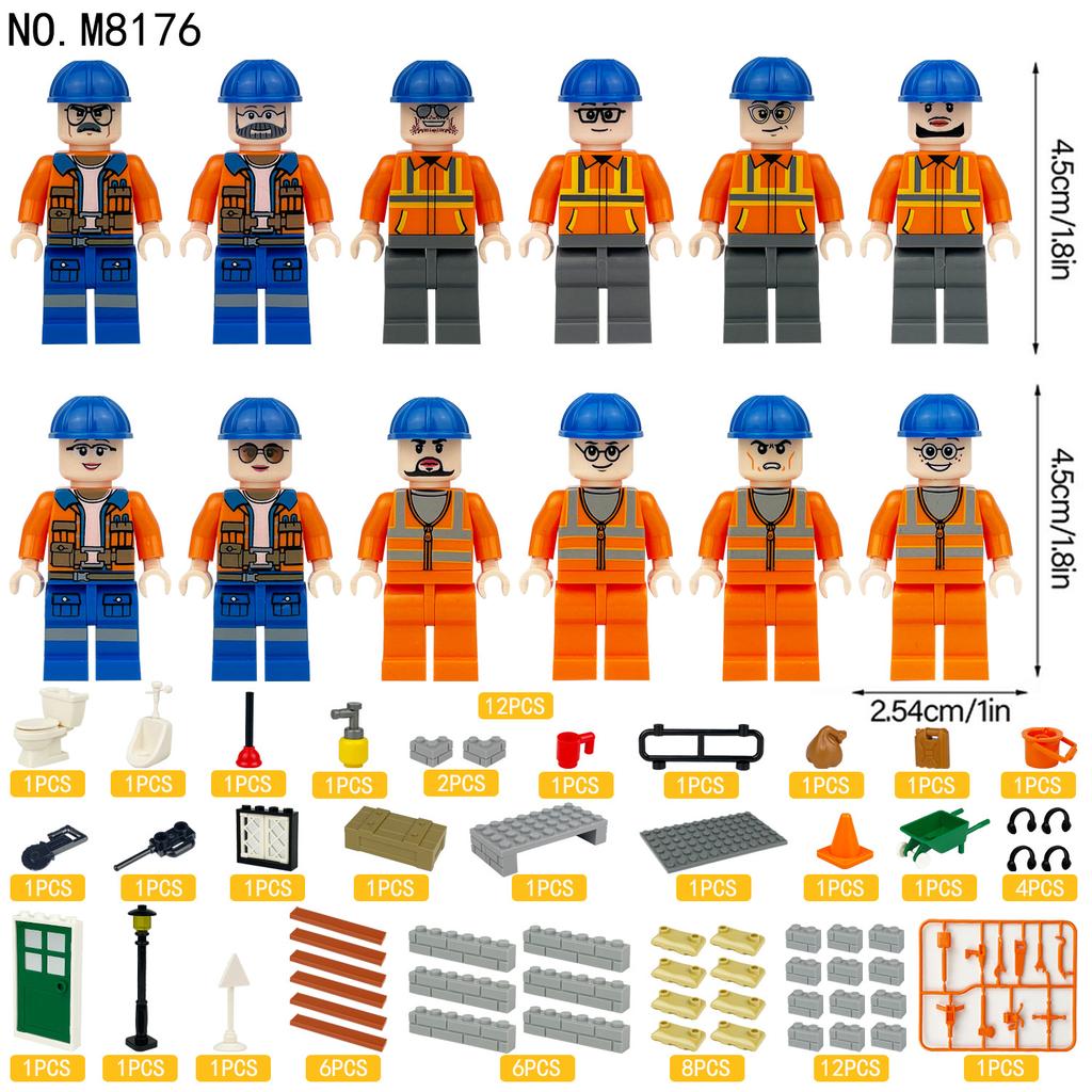 12 stk. Urban Series Bygningsarbeider Profesjonell Karakter Byggeklosser Leker