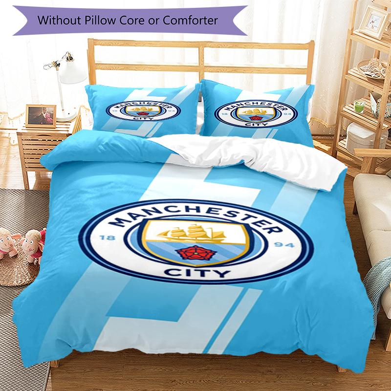 3pcs Manchester City Bedding Set Duvet Cover Closure Includes 1 Duvet Cover & 2 Pillowcases, Soft and Comfortable for All Seasons.