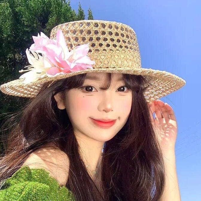 French Hollow Flower Flat Top Straw Hat Female Summer Outing Beach Vacation Wind Straw Hat Sun Protection Hat