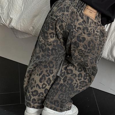 İlkbahar ve Sonbahar Hip Hop Rahat Bol Çocuk Slim Fit Pantolon Çocuk Saf Leopar Desenli Kot Pantolon Rahat Pantolon