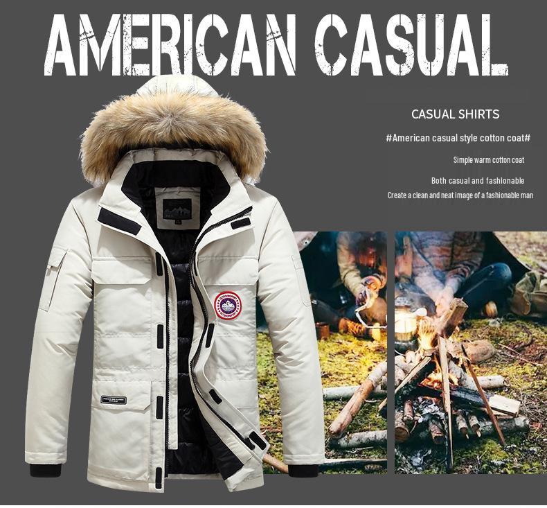 Men's Mid-Length Cotton Jacket with Fur Collar - Warm, Hooded, Windproof, Fashionable Outerwear