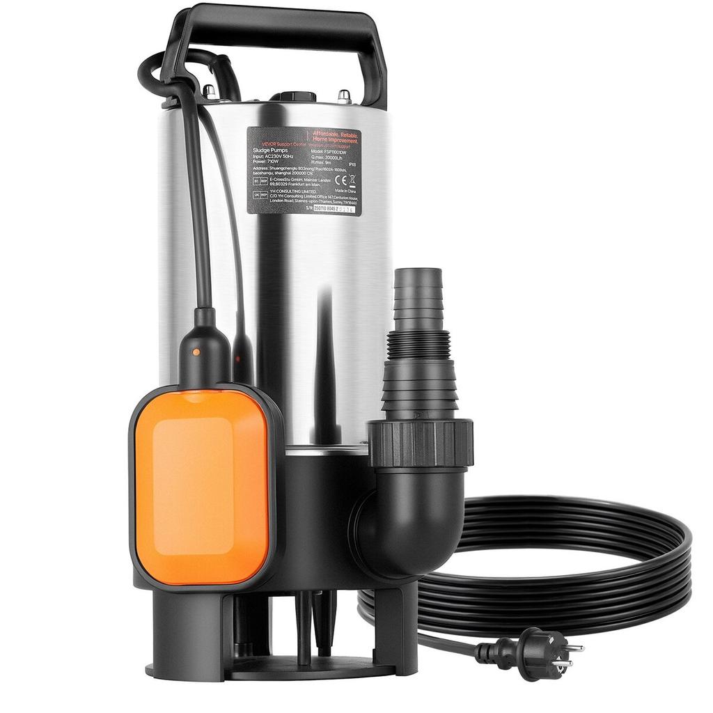 Pompa Sommersa per Pozzetto 710W, 20000 L/H, Pompa Sommersa in Acciaio Inossidabile per Acque Sporche e Pulite con Interruttore a Galleggiante Automatico, Cavo Lungo, Prevalenza Massima 9M,