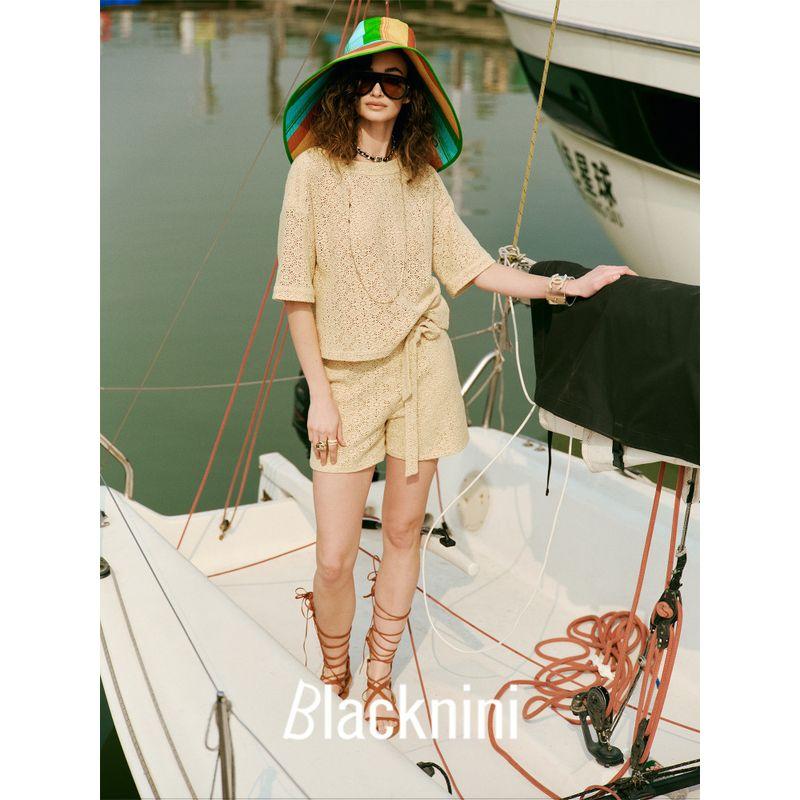 Blacknini "Little Pineapple" Island Country Cotton Lace off-Neck Cut Out Pattern Tops Short Sleeve Shorts