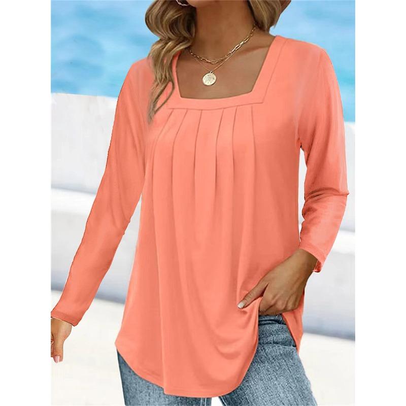 Women's Tops Fashion Clothing Spring and Autumn T-shirt Pleated Square Neck Long Sleeve Solid Color Pullover Casual Shirts Female