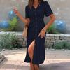 Women's Button Down Ruched Long Dress Casual Short Sleeve V-Neck Maxi Dress Summer Beach A-Line Swing Sundress