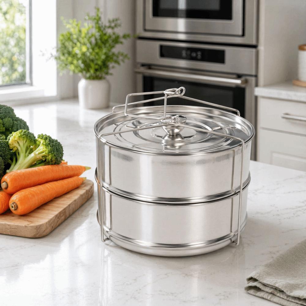 2-Tier Steam Pot 304 Stainless Steel Steaming Pot Durable Stackable Steamer  Pot-in-Pot Cooking