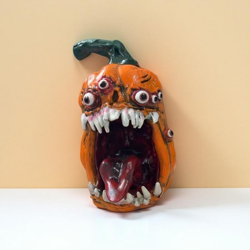 Halloween Resin Monster with Tongue Licking The Pumpkin Figurine - Scary Halloween Decoration - Creative Desktop Craftwork