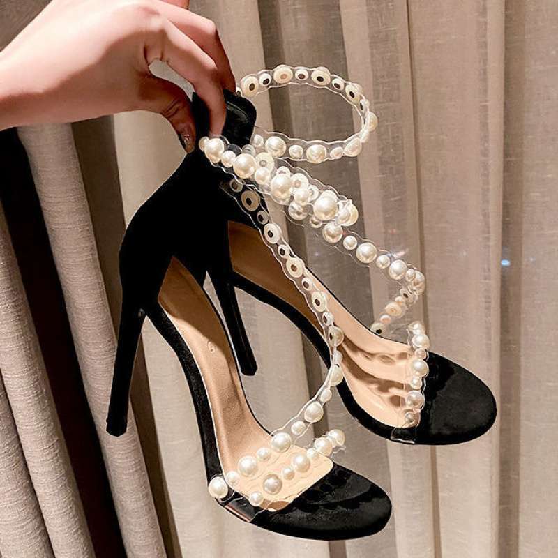 Pearl transparent sandals women's 2025 new summer versatile rear zipper star with the same stiletto one-word strap high heels