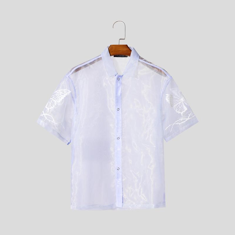 

INCERUN Men Summer Short Sleeve Mesh Sheer Glitter Print Beach Through T-shirts L фиолетовый