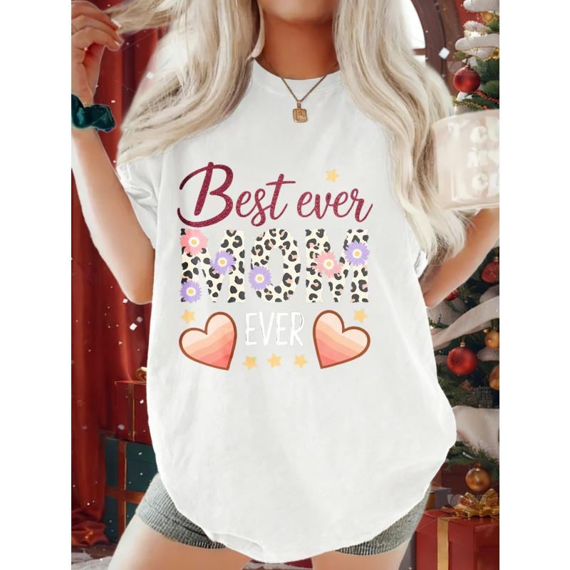 

European Size White Loose T-shirt with Leopard Print and MOM Flower Decoration Fashionable Casual All-Season Versatile Piece, Crew Neck, Short Sleeve S белый