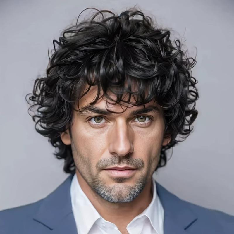 Parrucca Corta Riccia Marrone Scuro in Fibra Sintetica da Uomo, Estensioni Capelli Fresche, Copricapo Traspirante, Stile Naturale Folto per Capelli da Uomo