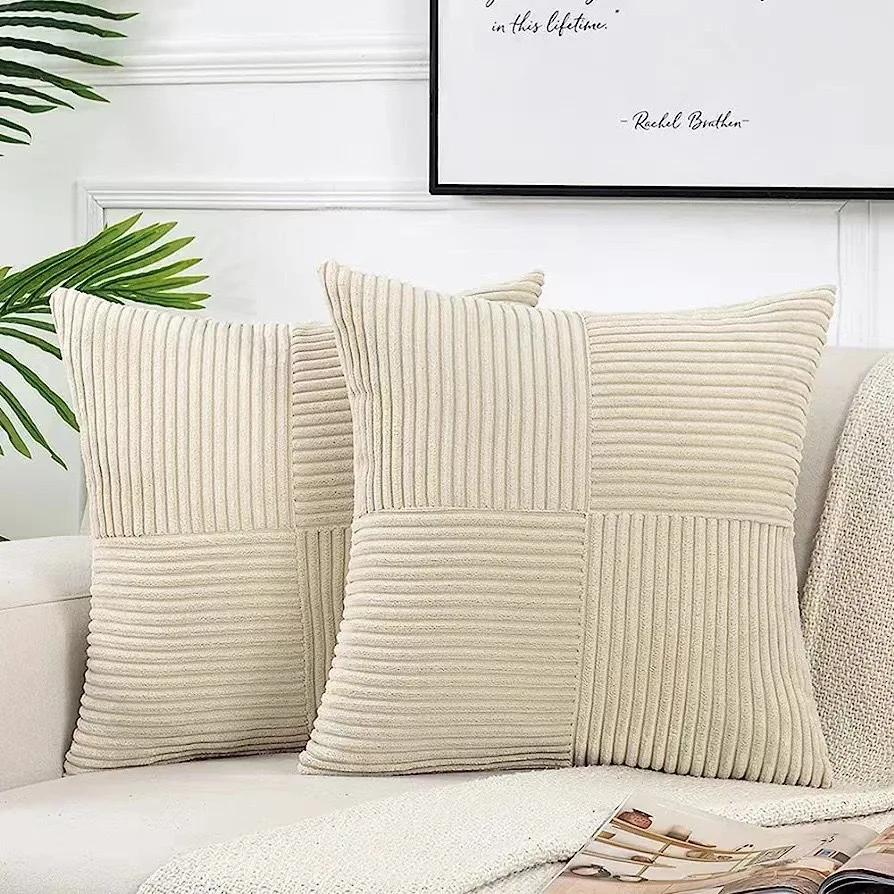 Beige Throw Pillow Covers 18x18inch 45x45CM Solid Corduroy Striped Cross Patchwork Textured Cushion Covers Home Decor for Couch