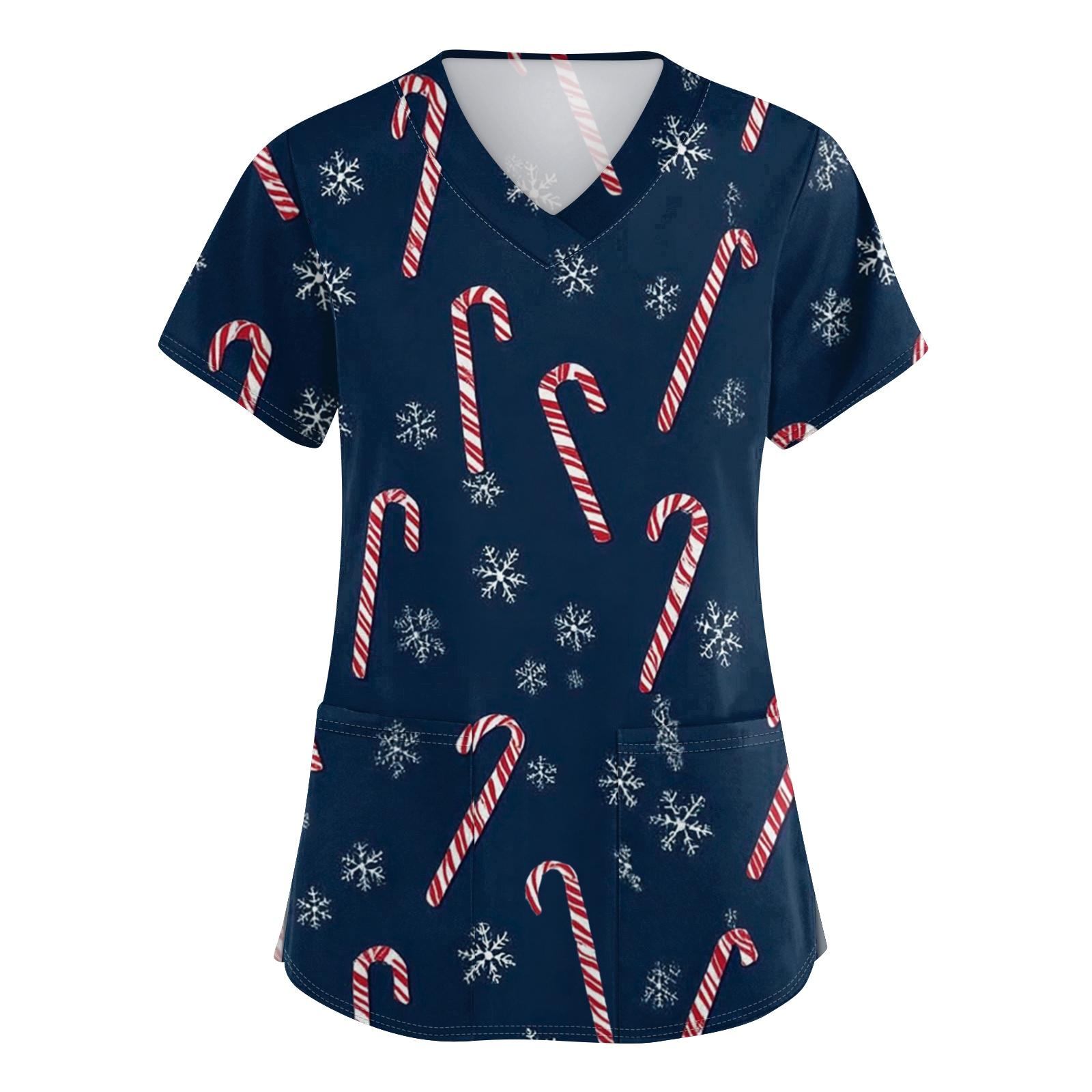 

Женский топ защитного костюма с V-образным вырезом, рождественским принтом, короткими рукавами, карманом и боковым разрезом M