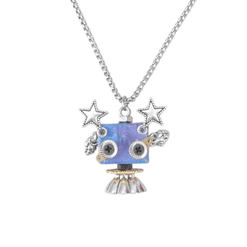 Wood Block Robot Pendant Necklace Adjustable Length Punk Neckchain Stylish Leather Cord Accessory Fade Resistant Chokers