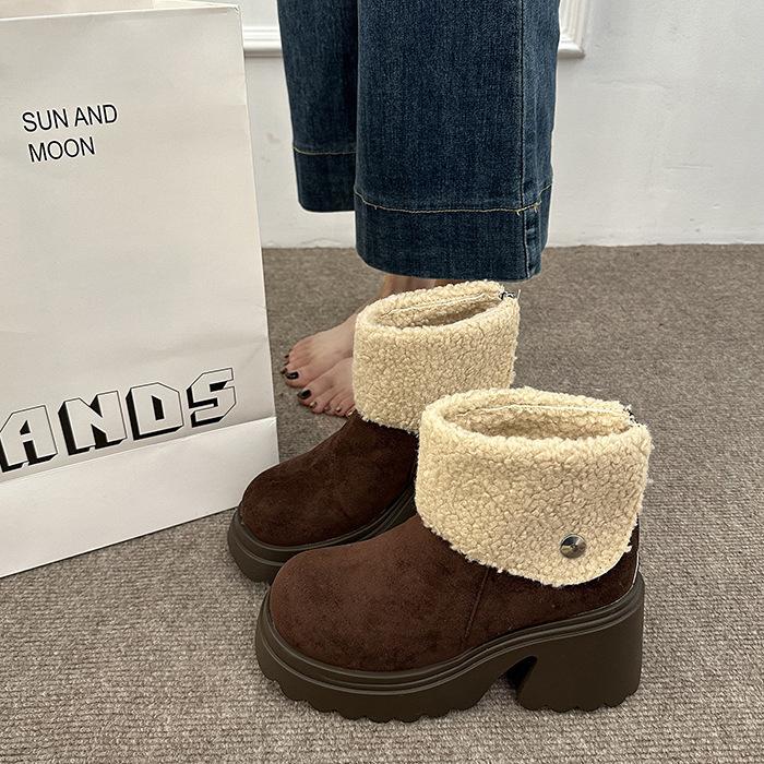 Women's Fur Mouth Lightweight Thick Sole Winter Insulated Fur One Snow Boots Anti-slip Cushioning Wear-resistant Casual Sports Cotton Boots