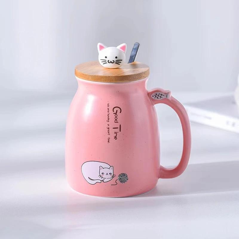 460ml Cartoon Ceramics Cat Mug with Lid and Spoon Handle Cute Cat Mug Coffee Milk Tea Mugs Breakfast Cup Drinkware Novelty Gifts