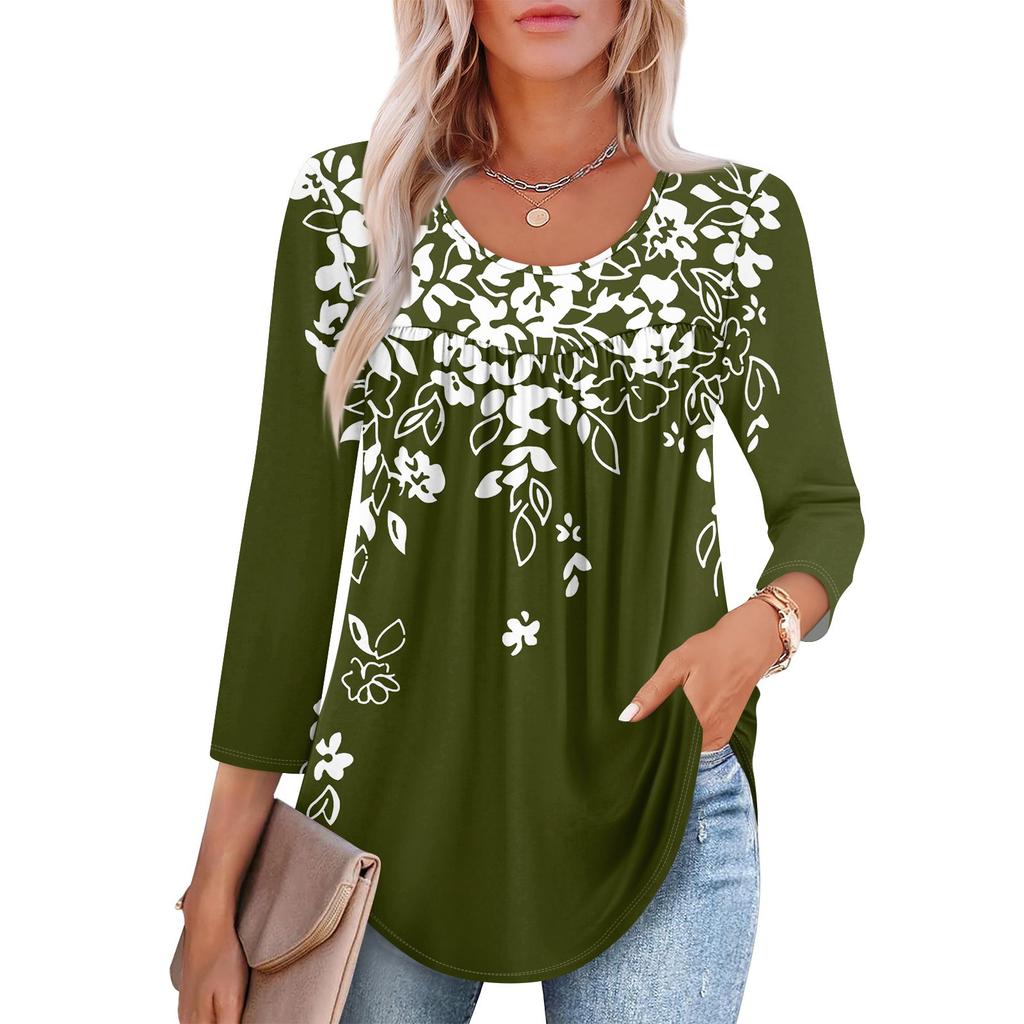 Women's Fashion Seven Sleeve Top Round Neck Pleated Casual Printed Top