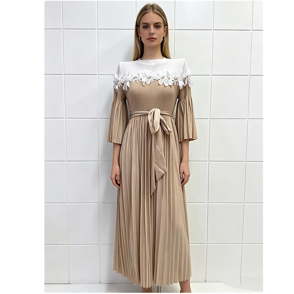 

Miyake Pleated Lace-Panel Midi Dress Summer for Women 3/4 Sleeve Casual 3D Flower Appliques Print Vacation Midi Sundresss One Size&176 абрикосовий