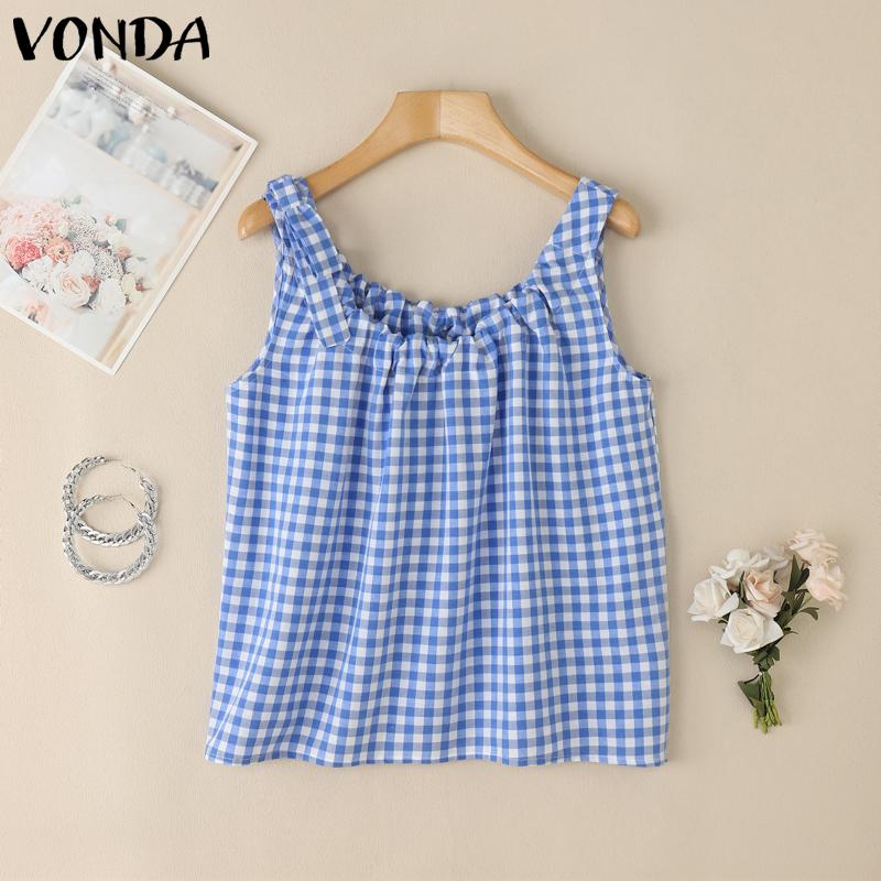 VONDA Women Summer Bow Strap Sleeveless Plaid Print Casual Ruffled Tank Tops