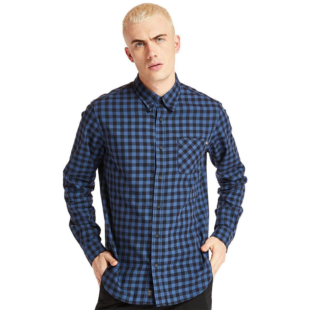 Timberland Plaid Letter Print Single-Breasted Breathable Loose Fit Long Sleeve Shirt Men Shirts Blue A29N8-G66