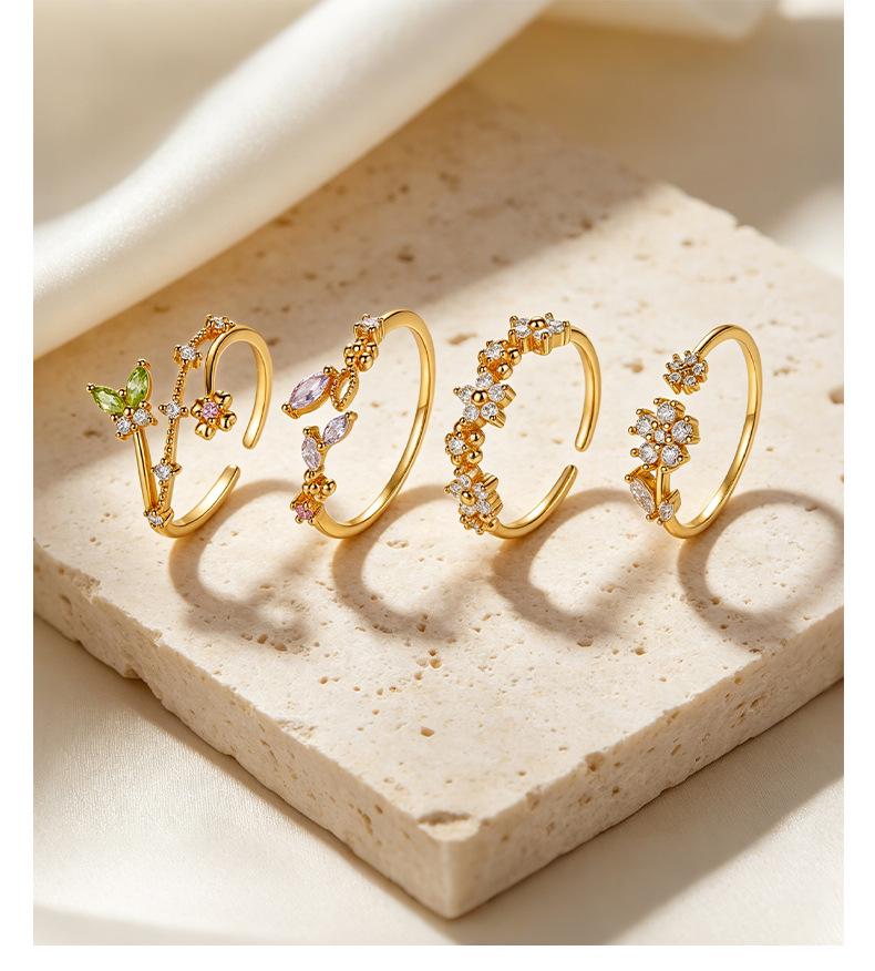 S925 Sterling Silver Fairy-Inspired Purple Zircon Four-Leaf Clover Adjustable Ring for Women