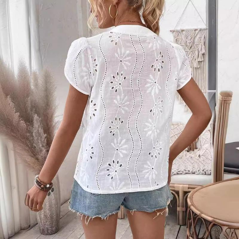 Hollow Out Lace White Blouse Women Fashion Elegant V Neck Loose Sweet Shirts Ladies Casual Office Petal Short Sleeve Tops Simple Female Clothing