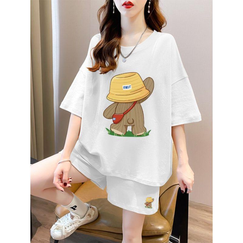 Pure Cotton Short Sleeve Short Pants Suit Women's Summer Plus Size Plus Size Ladies Loose Fashion Casual Sports Style Wear a Set of Fashion