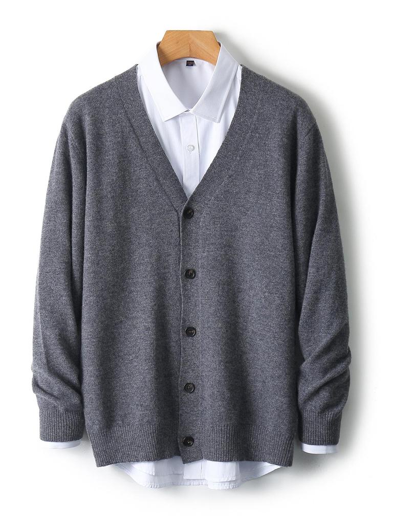 Men's V-neck Wool Cardigan: Autumn/Winter Business Casual Solid Color Long Sleeve, Warm Loose Knit Outerwear.