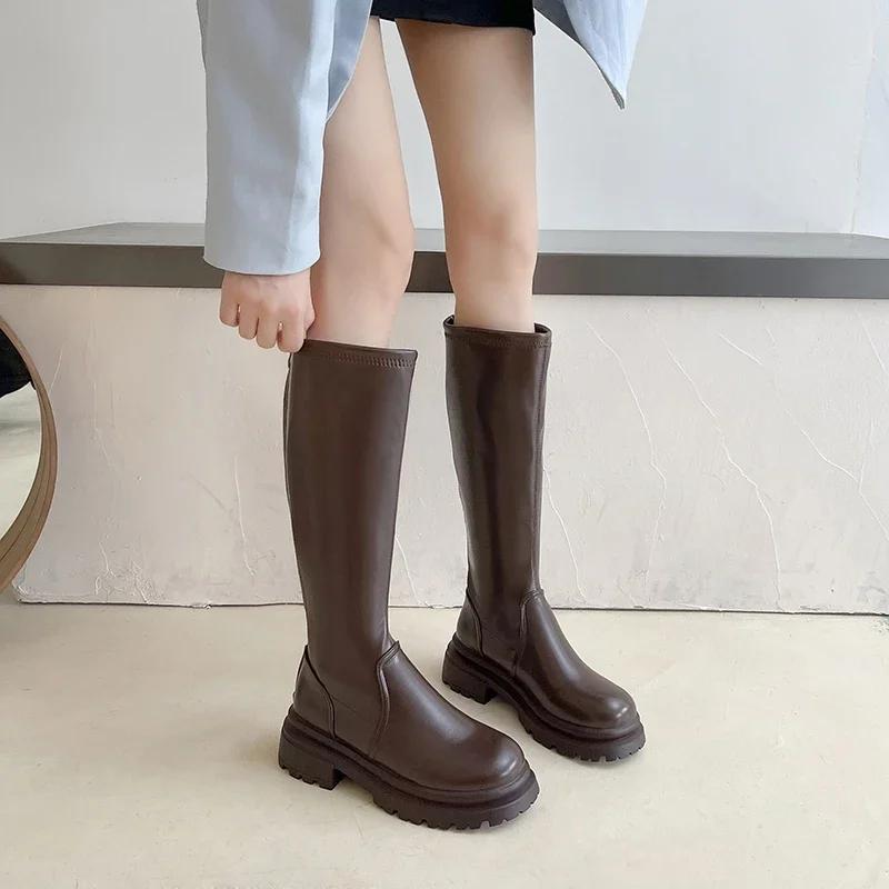 Ladies Shoes on Sale 2024 High Quality Sleeve Women's Boots Winter Round Toe Warm Solid Middle Tube Chunky Heels Fashion Boots