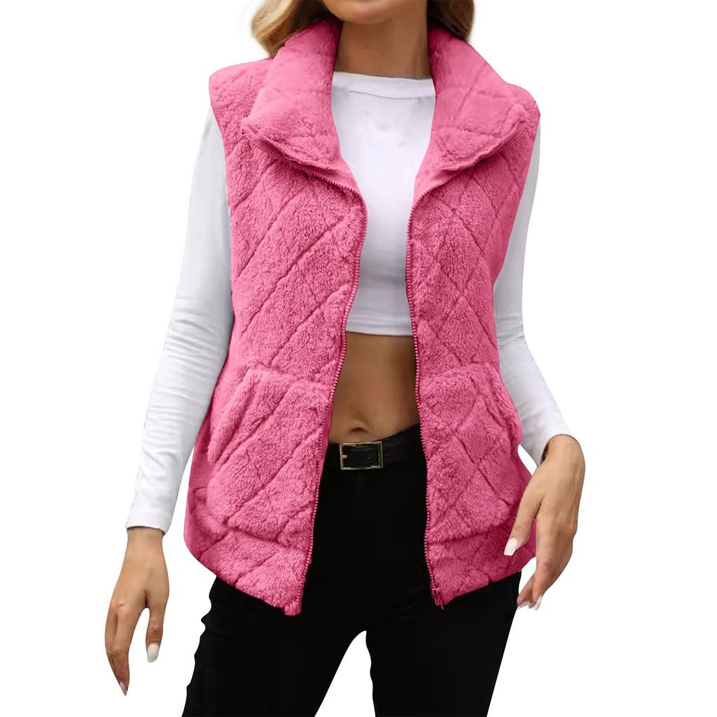 Women's Casual Fashion Solid Color Long Sleeved  Zipper Loose Pocket Jacket Plush Vest