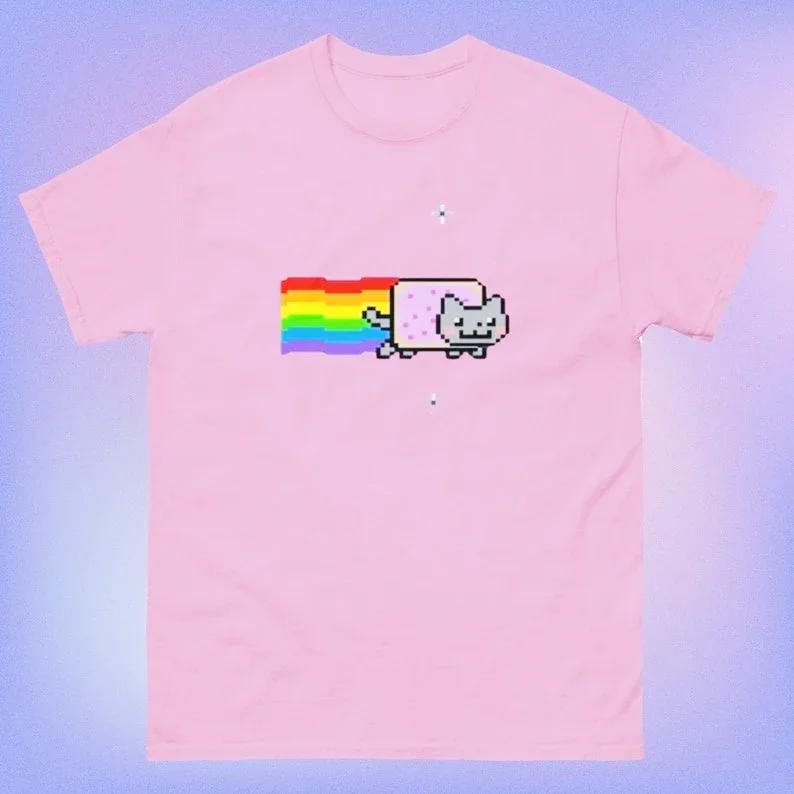 Nyan Gato Engraçado Padrão Impressão Camiseta Feminina Verão Moda Casual Confortável Camisetas Streetwear Manga Curta