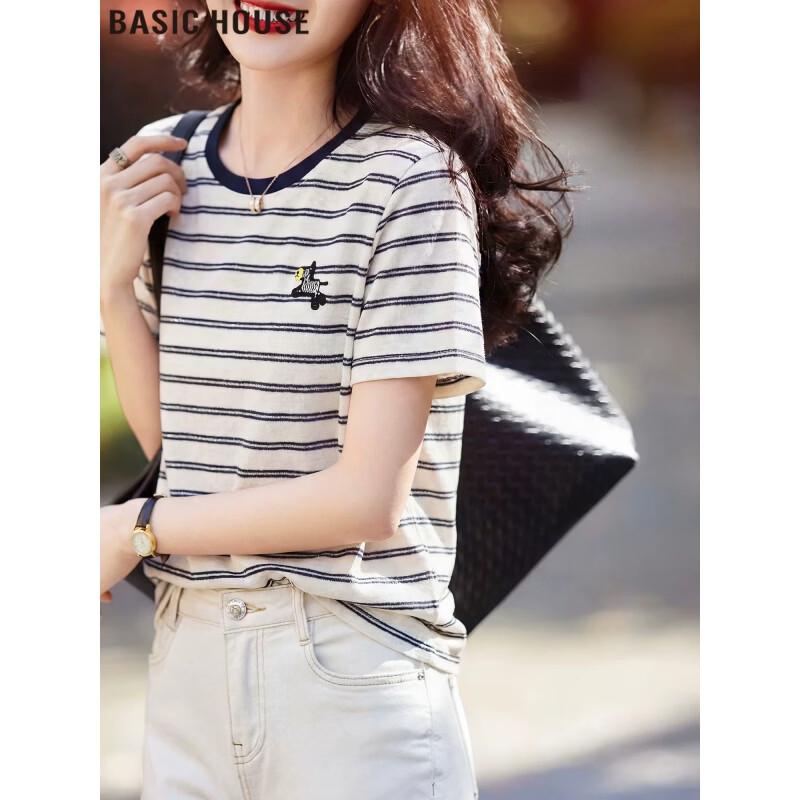 Basic House Women s Thin Striped Short Sleeve T-Shirt One Size