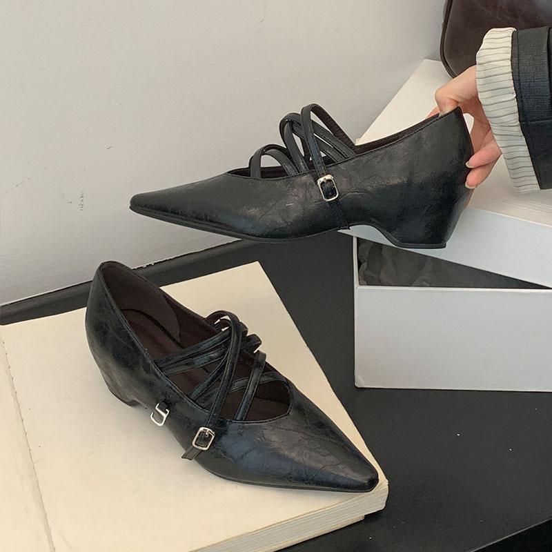 

Мода 2025 Новая Мода Ремешок с Пряжкой Женские Туфли на Каблуке Женская Обувь с Острым Носком Неглубокие Женские Туфли-Лодочки на Низком Каблуке 35 чёрный