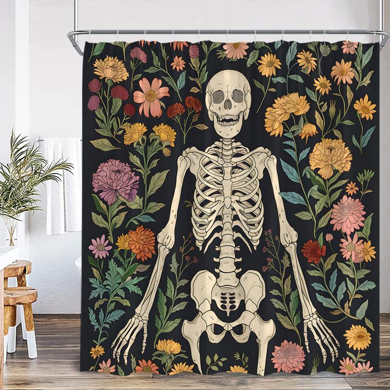 Floral Skull Shower Curtain Blue White Flowers Skeleton Horror Halloween Bath Curtains Polyester Black Bathroom Decor with Hooks