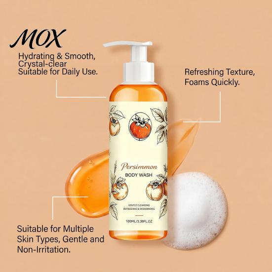 Moisturizing Skin Cleanser Persimmon Body Wash, 100ml Gentle Exfoliating Shower Gel with Fresh Trial Size Wash Fruit Scent, Deep Cleansing Mild Daily