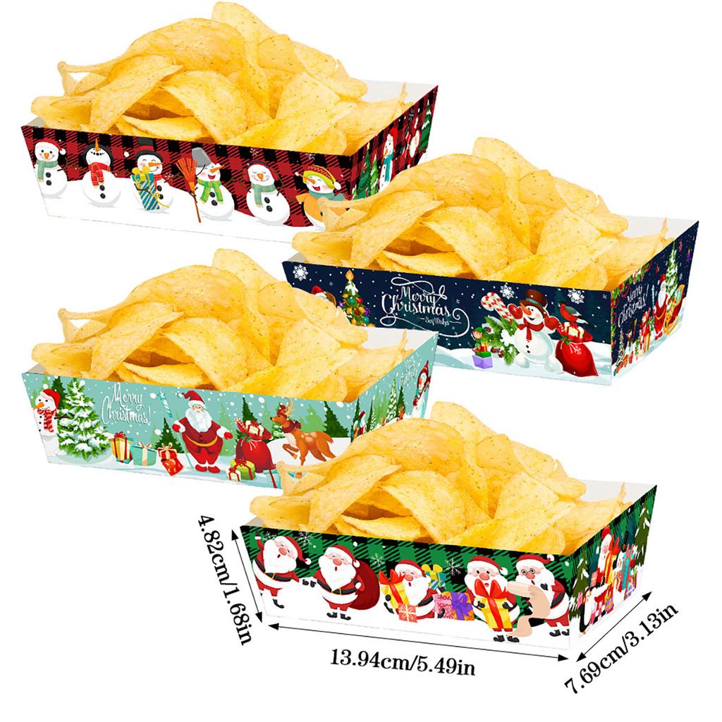 4Pcs Christmas Food Serving Paper Trays Xmas Decoration Desktop Popcorn Snacks Potato Chips Boxes Kids Birthday Party Supplies