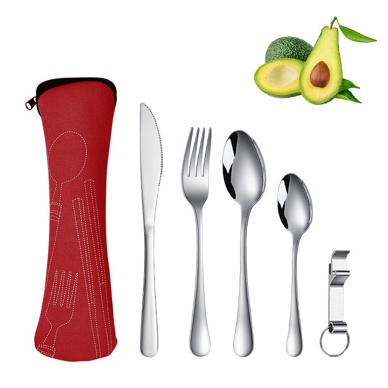 Stainless Steel Travel Cutlery Set: Knife, Fork, Spoon, Bottle Opener with Portable Storage Bag for Outdoor Camping