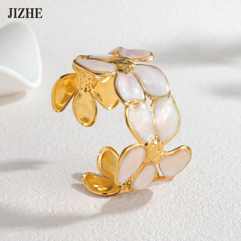 Elegant White Drip Oil Flower Bangle - High-End Stainless Steel Women's Bracelet