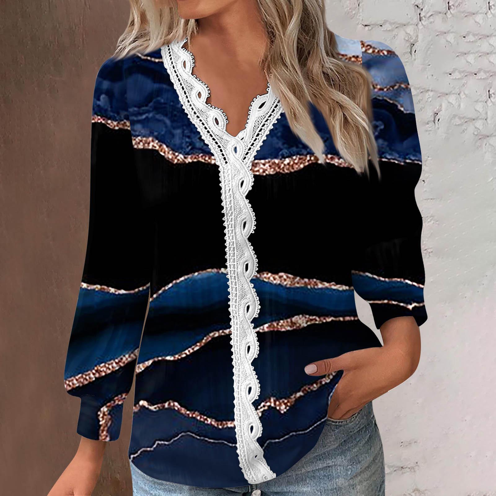 

Женская кружевная футболка с V-образным вырезом и длинными рукавами, плиссированная футболка, модные топы, туника на пуговицах, женские деловые хлопковые повседневные рубашки L темно-синий