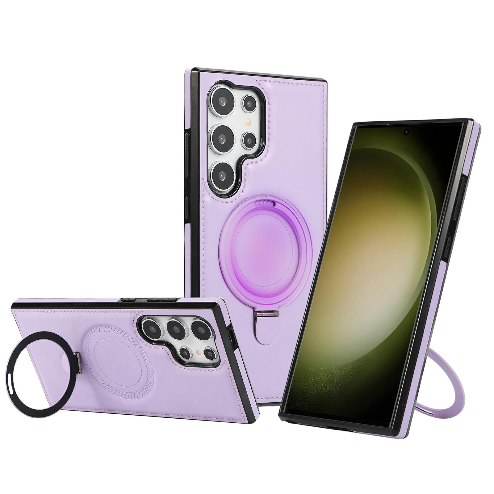 

For Samsung Galaxy S23 Ultra Case Magnetic Kickstand PU Leather Coated PC+TPU Phone Cover Purple