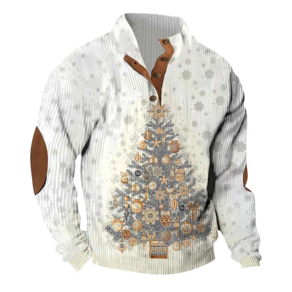 Christmas Print 3-button - Men's Stand Up Collar Sweatshirt, Outdoor Casual Hoodie With Buckle
