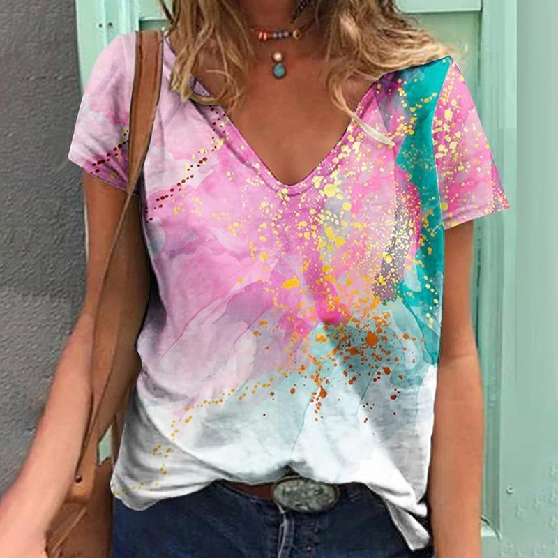 Women's V-neck Short Sleeve T-shirt Gradient 3D Printed T-shirt Personality Fashion Streetwear Girls Short Sleeve Top Clothing